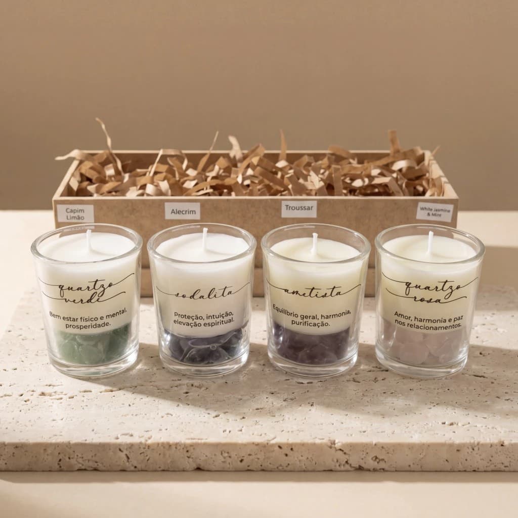 Quatro velas artesanais em copo de vidro com pedras e rótulos de aroma, em caixa de presente
