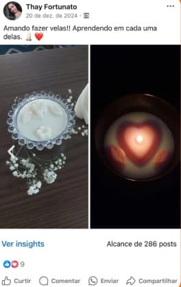 Post de compradora mostrando vela artesanal com formato de coração