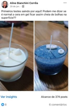 Post de compradora mostrando primeiros testes de vela em gel